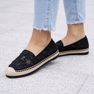 Botkier Sara Black Lace Espadrille Flats w/ Floral Detail Slip-On Summer Shoes 7